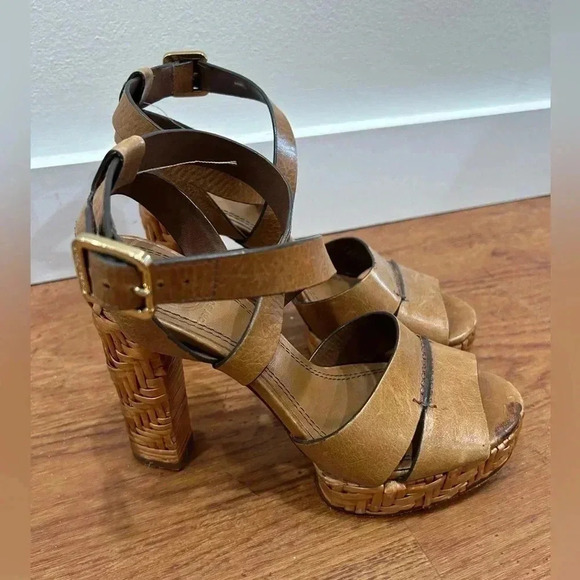 Tory Burch Cella Cognac Brown Leather Strappy Platforms Sandal Size 6.5 - Picture 7 of 11